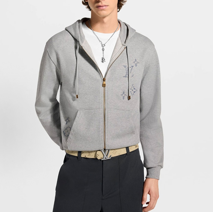lv louis vuitton line monogram embroidered full zip hooded sweatshirt